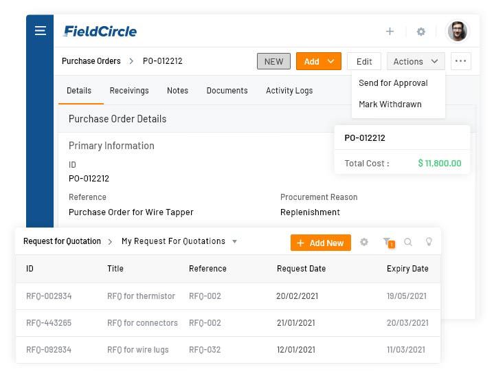 Purchase order PO for sourcing parts in field service crm