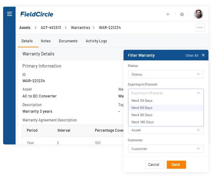 Product warranty management with field service crm